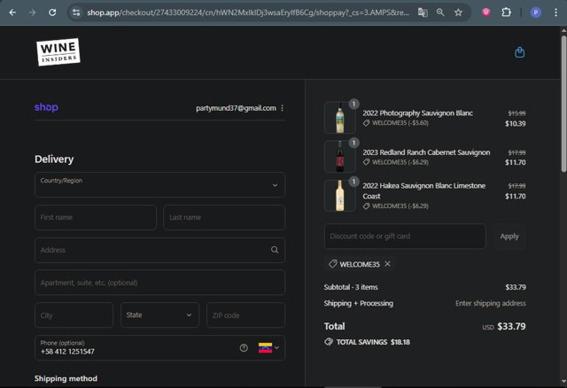 Wine Awesomeness checkout page showing Wine Awesomeness promo code box | Screenshot taken by SimplyCodes community member on Aug 29, 2025