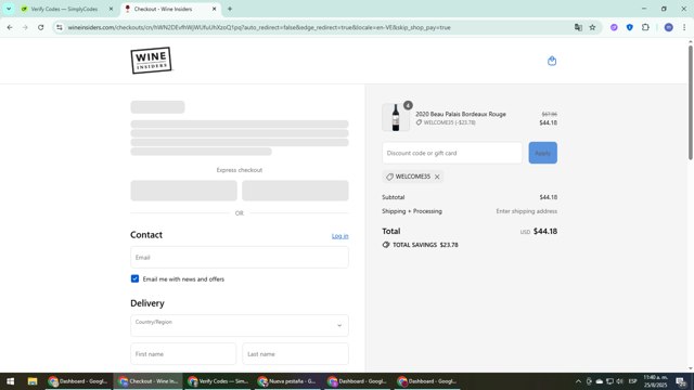 Wine Awesomeness checkout page showing Wine Awesomeness promo code box | Screenshot taken by SimplyCodes community member on Aug 25, 2025