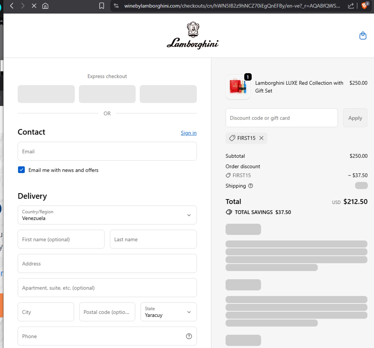 Wine by Lamborghini discount code screenshot showing code FIRST15 applied at Wine by Lamborghini checkout page. Uploaded by SimplyCodes community member Jmhernand1 on Nov 14, 2025