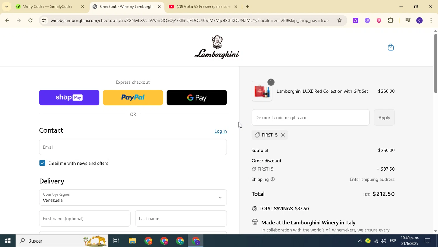 Wine by Lamborghini discount code screenshot showing code FIRST15 applied at Wine by Lamborghini checkout page. Uploaded by SimplyCodes community member alexanderarnold on Jun 22, 2025