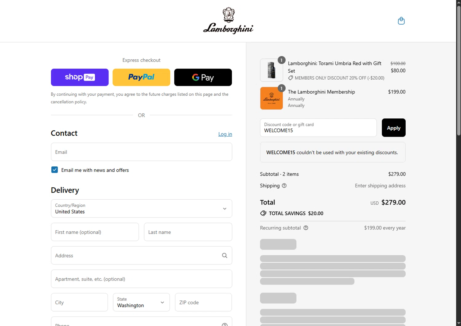 Wine by Lamborghini discount code screenshot showing code WELCOME15 applied at Wine by Lamborghini checkout page. Uploaded by SimplyCodes community member SwiftTracker8156 on Aug 13, 2025