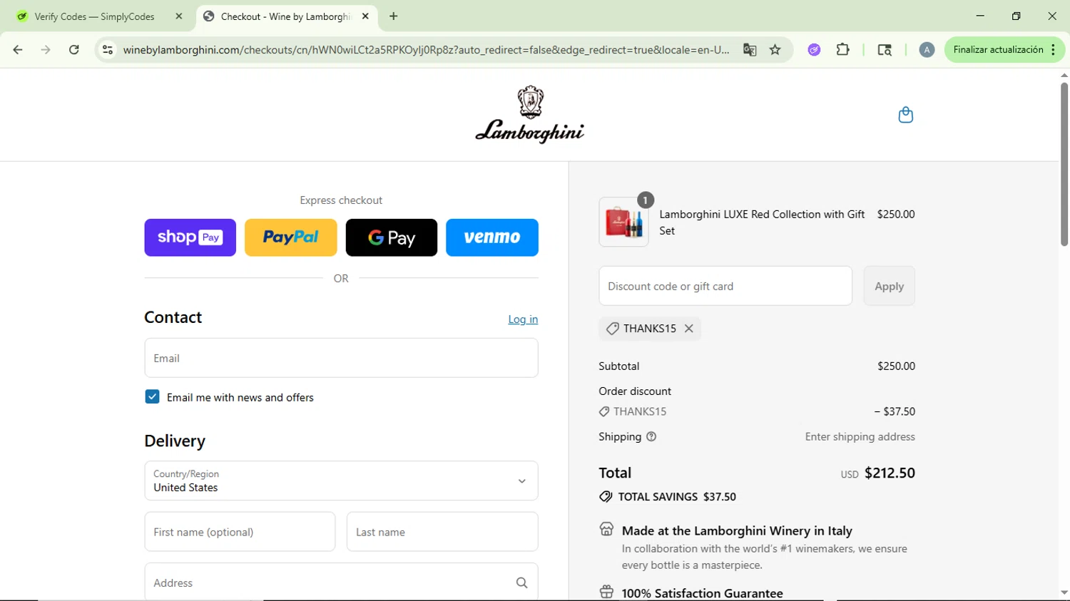 Wine by Lamborghini discount code screenshot showing code thanks15 applied at Wine by Lamborghini checkout page. Uploaded by SimplyCodes community member DiscountVirtuoso6243 on Jul 23, 2025