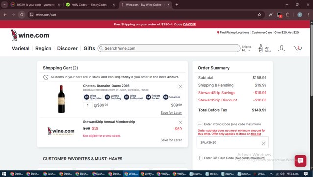 Wine.com checkout page showing Wine.com promo code box | Screenshot taken by SimplyCodes community member on Aug 28, 2025