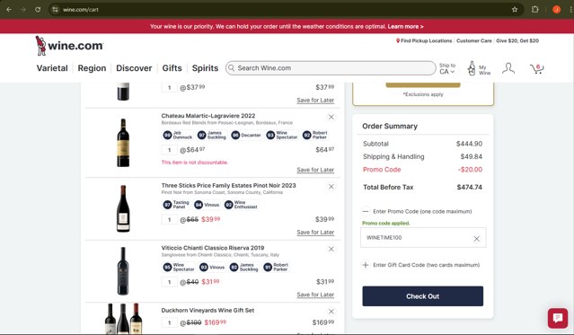 Wine.com checkout page showing Wine.com promo code box | Screenshot taken by SimplyCodes community member on Aug 23, 2025