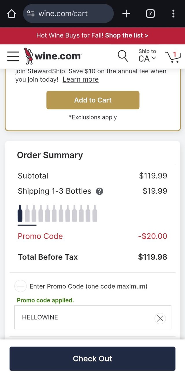 Wine.com checkout page showing Wine.com promo code box | Screenshot taken by SimplyCodes community member on Sep 5, 2025