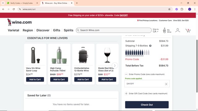 Wine.com checkout page showing Wine.com promo code box | Screenshot taken by SimplyCodes community member on Aug 25, 2025