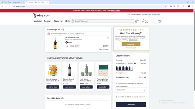 Wine.com checkout page showing Wine.com promo code box | Screenshot taken by SimplyCodes community member on Sep 9, 2025