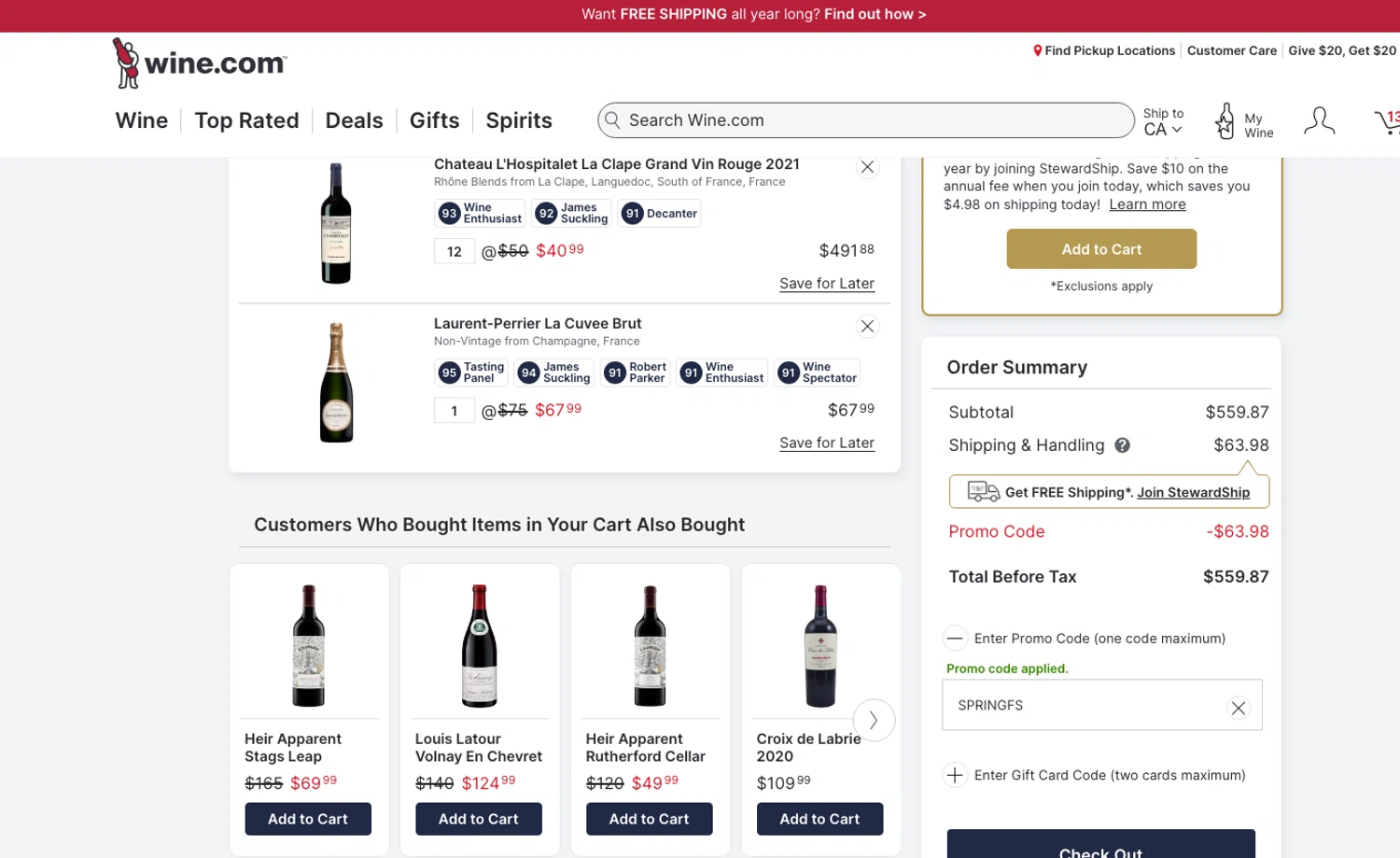 Wine.com promo code screenshot showing code SPRINGFS applied at Wine.com checkout page. Uploaded by SimplyCodes community member ELOIN777 on May 13, 2026