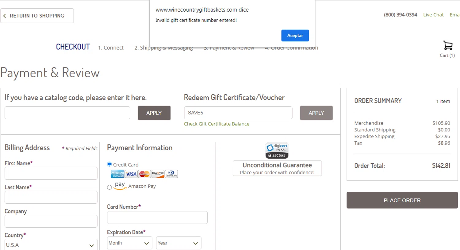 Wine Country Gift Baskets promo code screenshot showing code SAVE5 applied at Wine Country Gift Baskets checkout page. Uploaded by SimplyCodes community member SavvyHawk656 on Jan 18, 2026