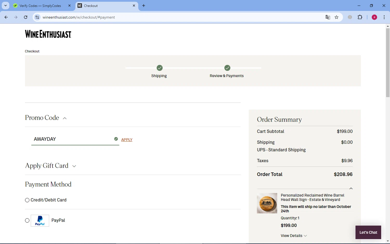 where to use Wine Enthusiast promo code box