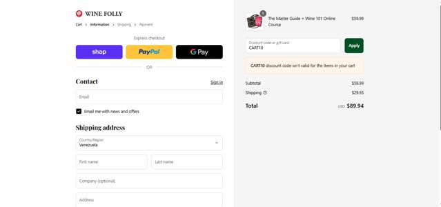 Wine Folly checkout page showing Wine Folly discount code box | Screenshot taken by SimplyCodes community member on Sep 10, 2025