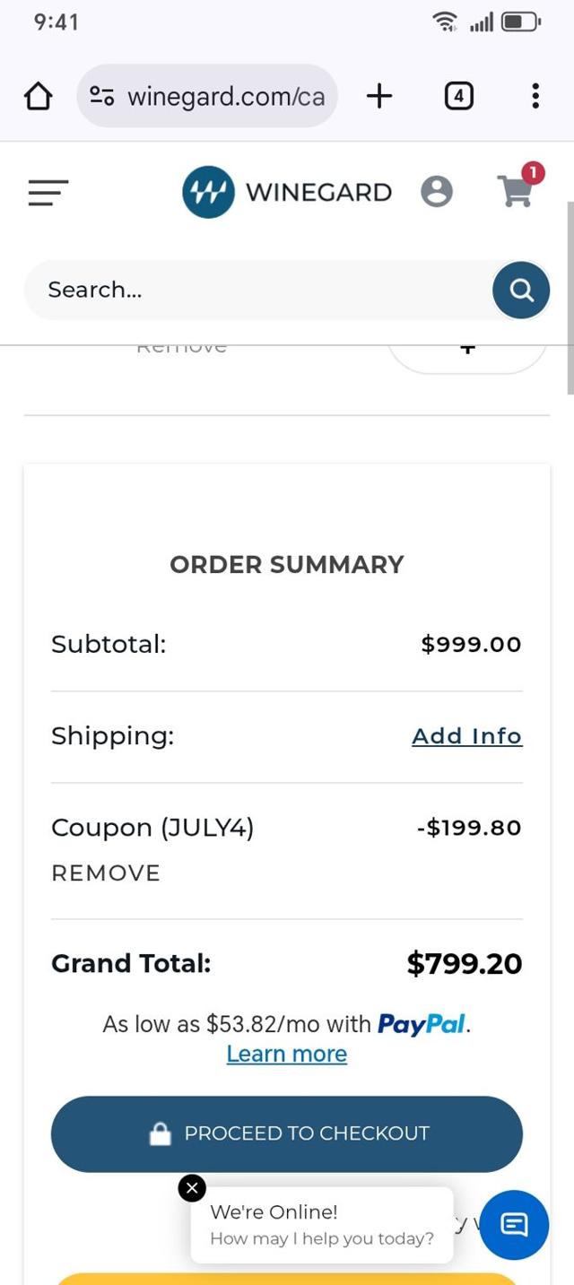 Winegard checkout page showing Winegard promo code box | Screenshot taken by SimplyCodes community member on Jul 4, 2025