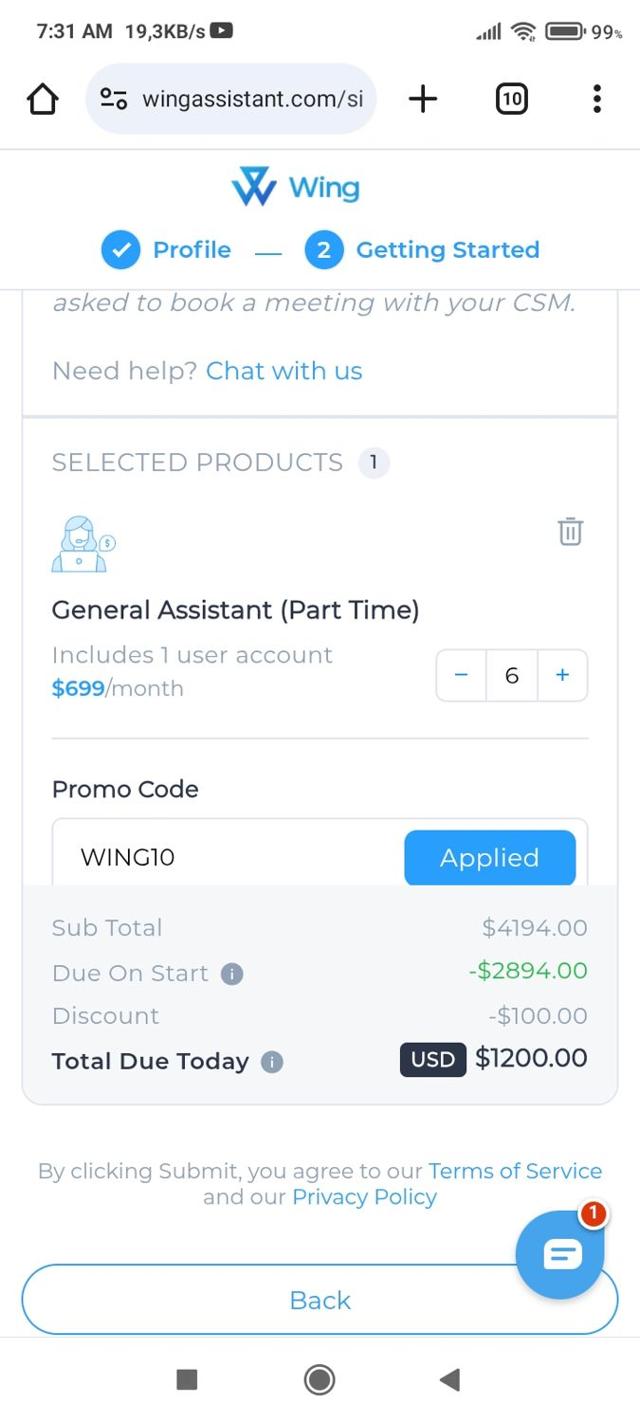 Wing Assistant checkout page showing Wing Assistant promo code box | Screenshot taken by SimplyCodes community member on May 12, 2025