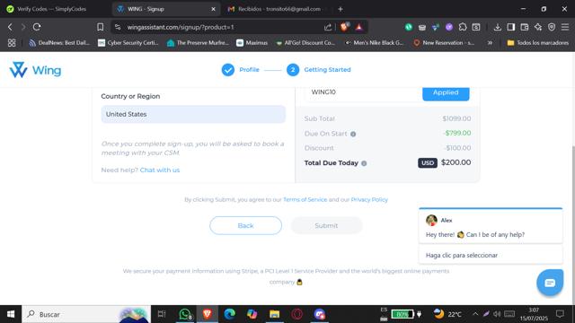 Wing Assistant checkout page showing Wing Assistant promo code box | Screenshot taken by SimplyCodes community member on Jul 15, 2025