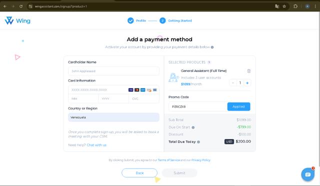 Wing Assistant checkout page showing Wing Assistant promo code box | Screenshot taken by SimplyCodes community member on May 30, 2025