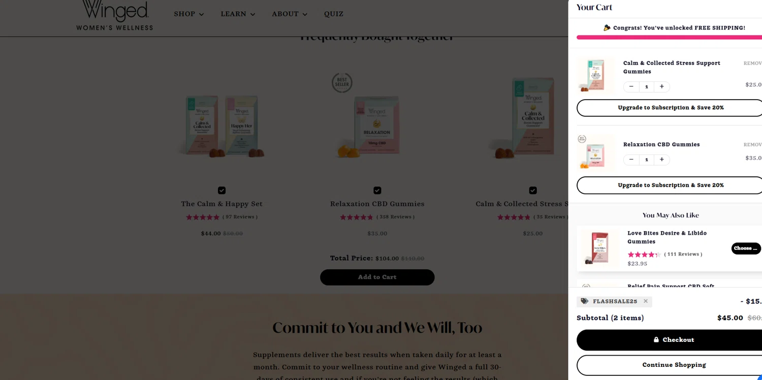 Winged Wellness coupon code screenshot showing code flashsale25 applied at Winged Wellness checkout page. Uploaded by SimplyCodes community member Kmacho on Jul 19, 2025