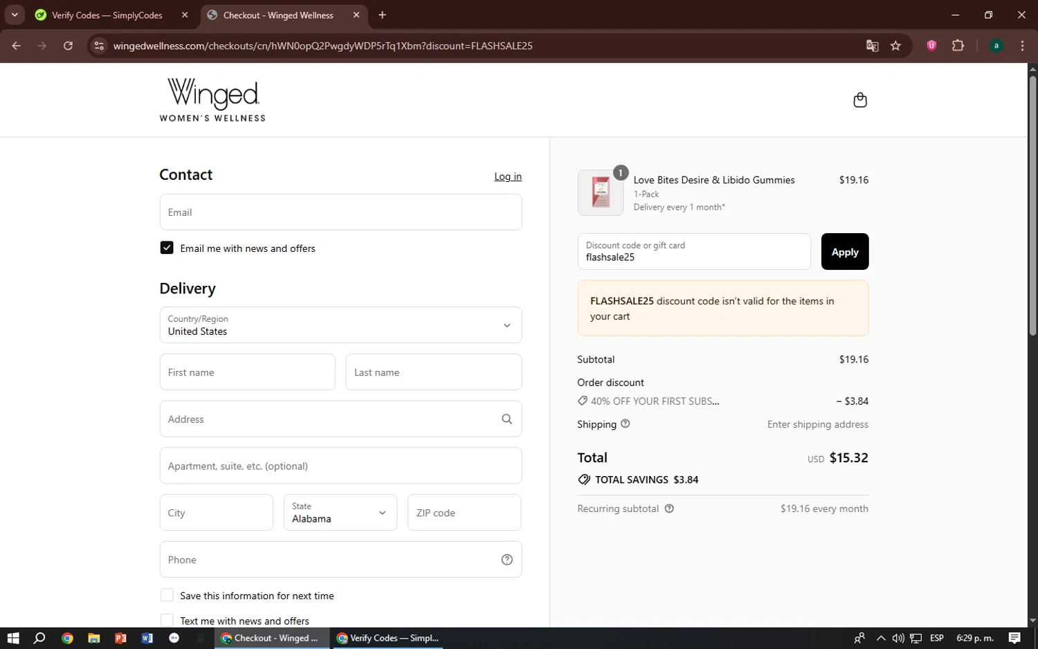 Winged Wellness coupon code screenshot showing code flashsale25 applied at Winged Wellness checkout page. Uploaded by SimplyCodes community member zizu55 on Jul 19, 2025