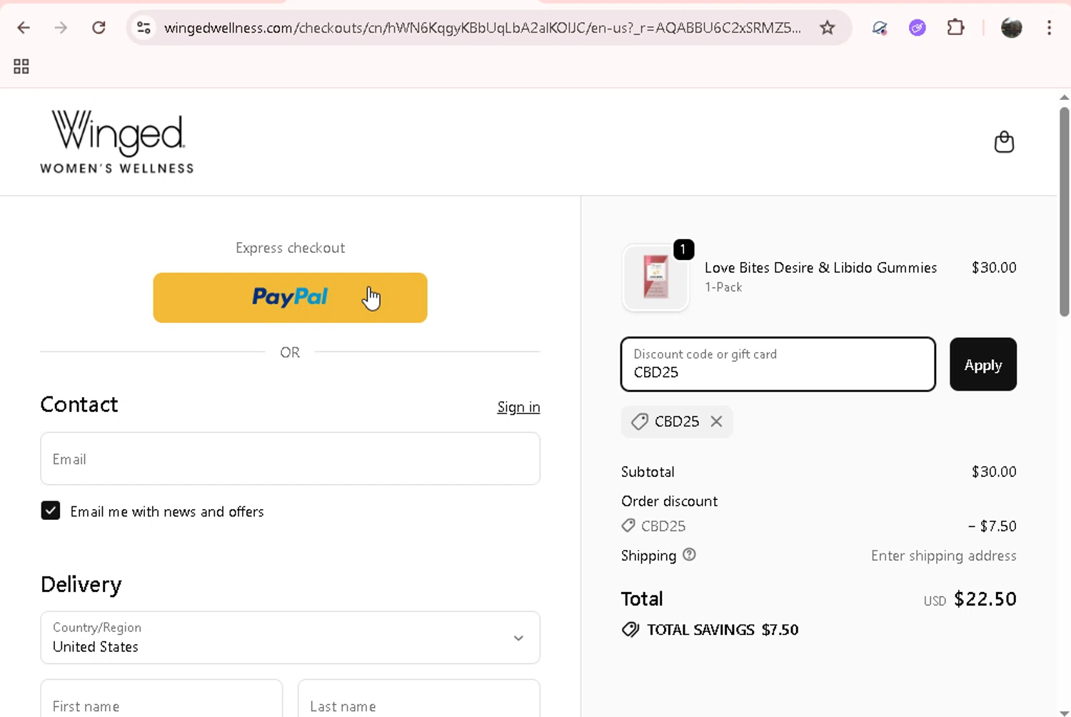 Winged Wellness coupon code screenshot showing code CBD25 applied at Winged Wellness checkout page. Uploaded by SimplyCodes community member JASTIFY on Dec 12, 2025