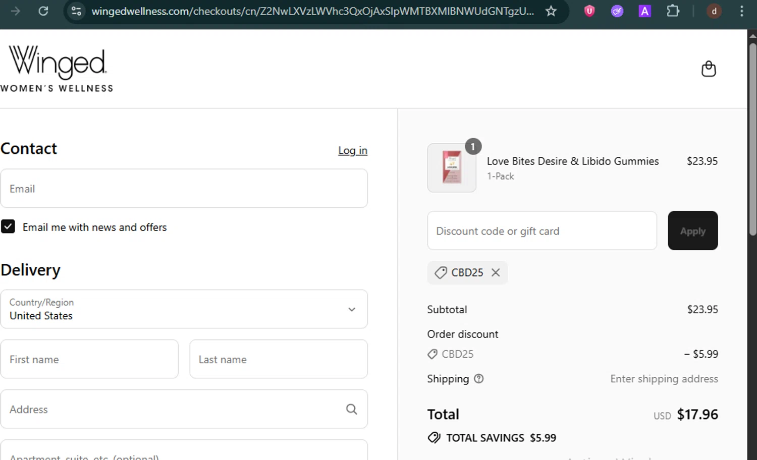 Winged Wellness coupon code screenshot showing code CBD25 applied at Winged Wellness checkout page. Uploaded by SimplyCodes community member SwiftHunter4675 on Jul 10, 2025