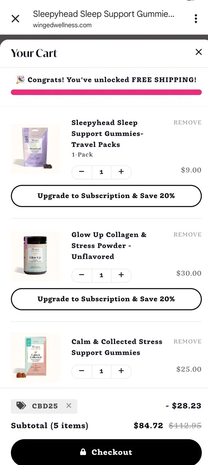 Winged Wellness coupon code screenshot showing code CBD25 applied at Winged Wellness checkout page. Uploaded by SimplyCodes community member deivydorante on Jul 23, 2025