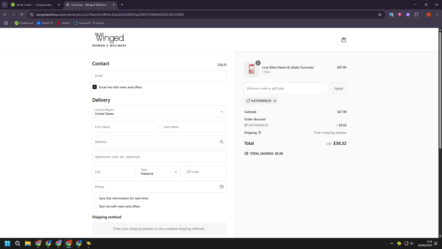 Winged Wellness coupon code screenshot showing code Katherine20 applied at Winged Wellness checkout page. Uploaded by SimplyCodes community member BudgetShopper182 on Jun 16, 2025