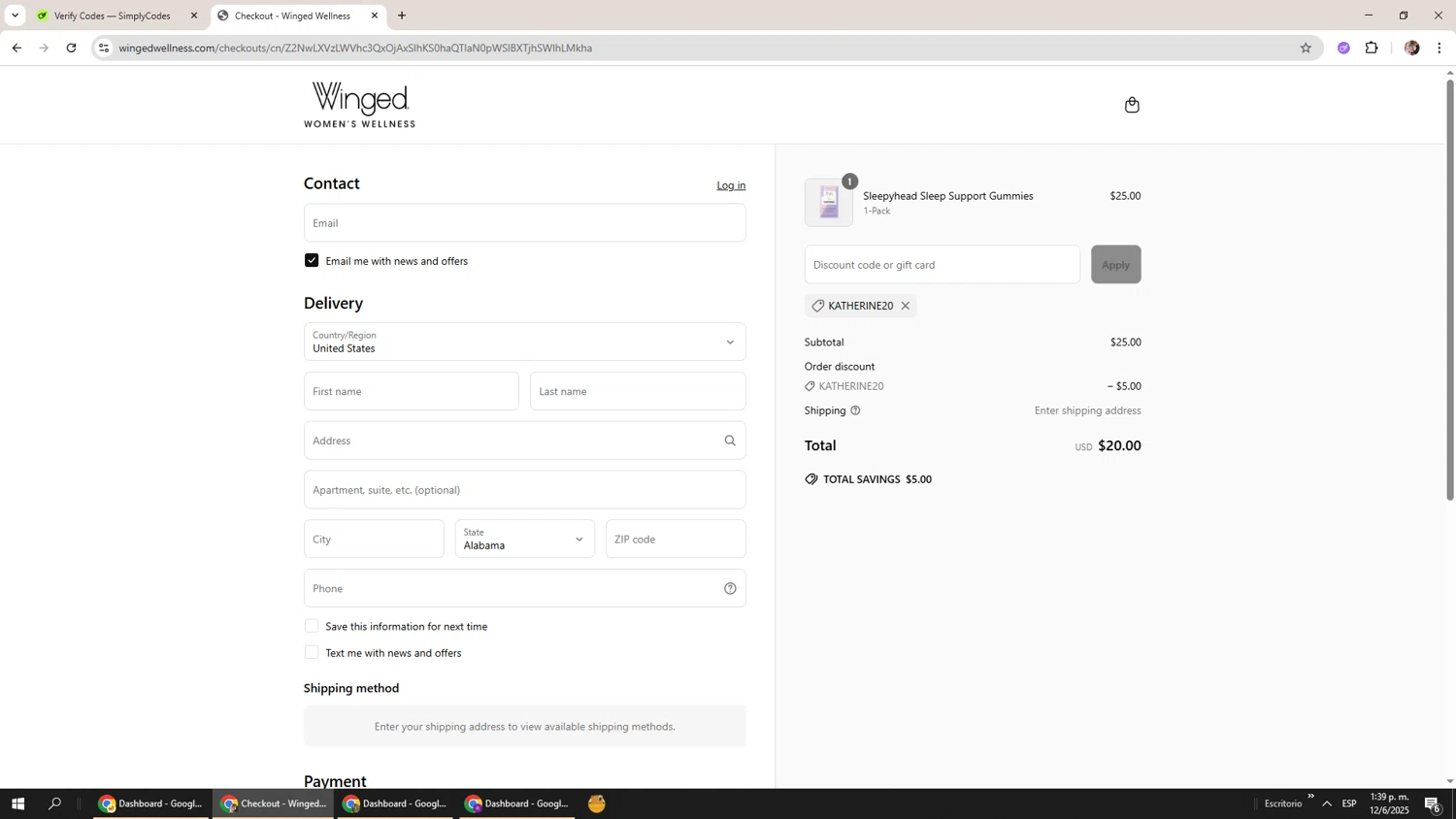 Winged Wellness coupon code screenshot showing code Katherine20 applied at Winged Wellness checkout page. Uploaded by SimplyCodes community member Levi_Ackerman on Jun 12, 2025