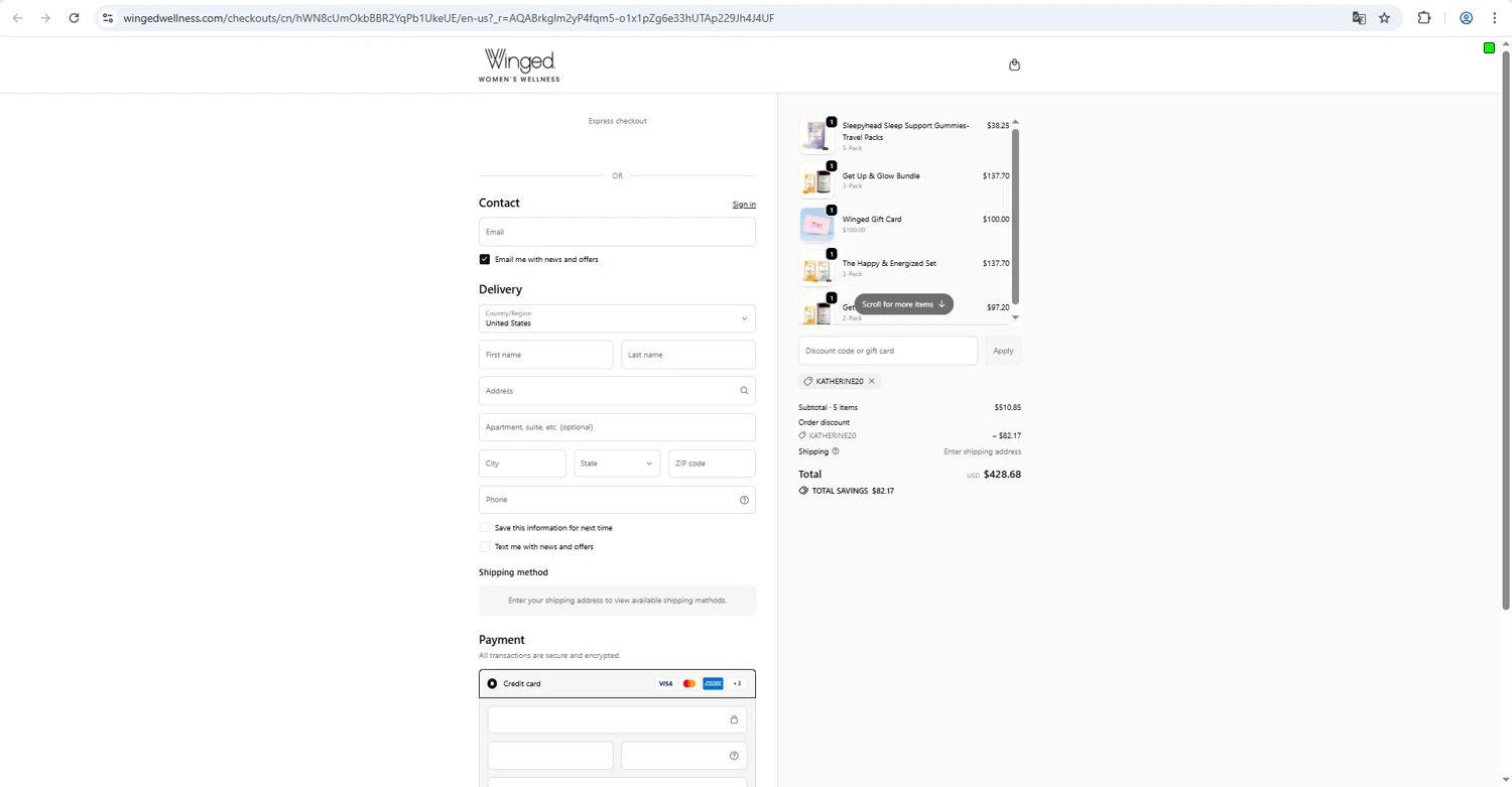 Winged Wellness checkout page showing Winged Wellness coupon code box | Screenshot taken by SimplyCodes community member on Feb 10, 2026