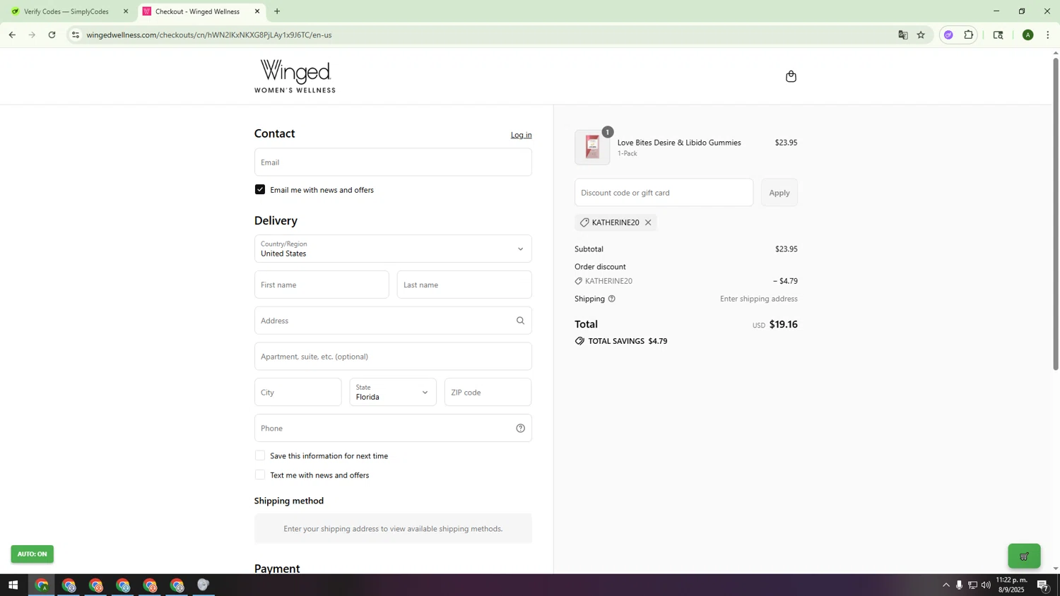 Winged Wellness coupon code screenshot showing code Katherine20 applied at Winged Wellness checkout page. Uploaded by SimplyCodes community member TOKIOBOT on Sep 9, 2025
