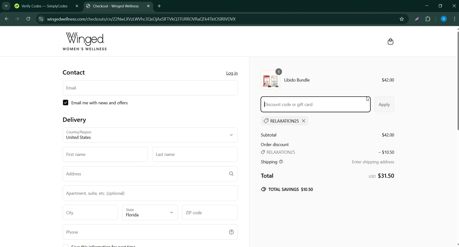 Winged Wellness coupon code screenshot showing code Relaxation25 applied at Winged Wellness checkout page. Uploaded by SimplyCodes community member CodeScholar4340 on Apr 1, 2025