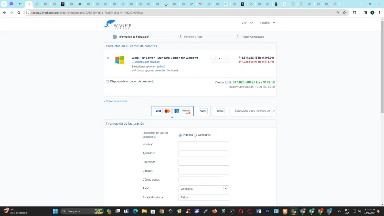 Wing FTP Server checkout page showing Wing FTP Server promo code box | Screenshot taken by SimplyCodes community member on Mar 14, 2024