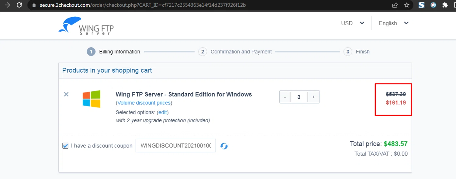 Wing FTP Server checkout page showing Wing FTP Server promo code box | Screenshot taken by SimplyCodes community member on Jun 9, 2024