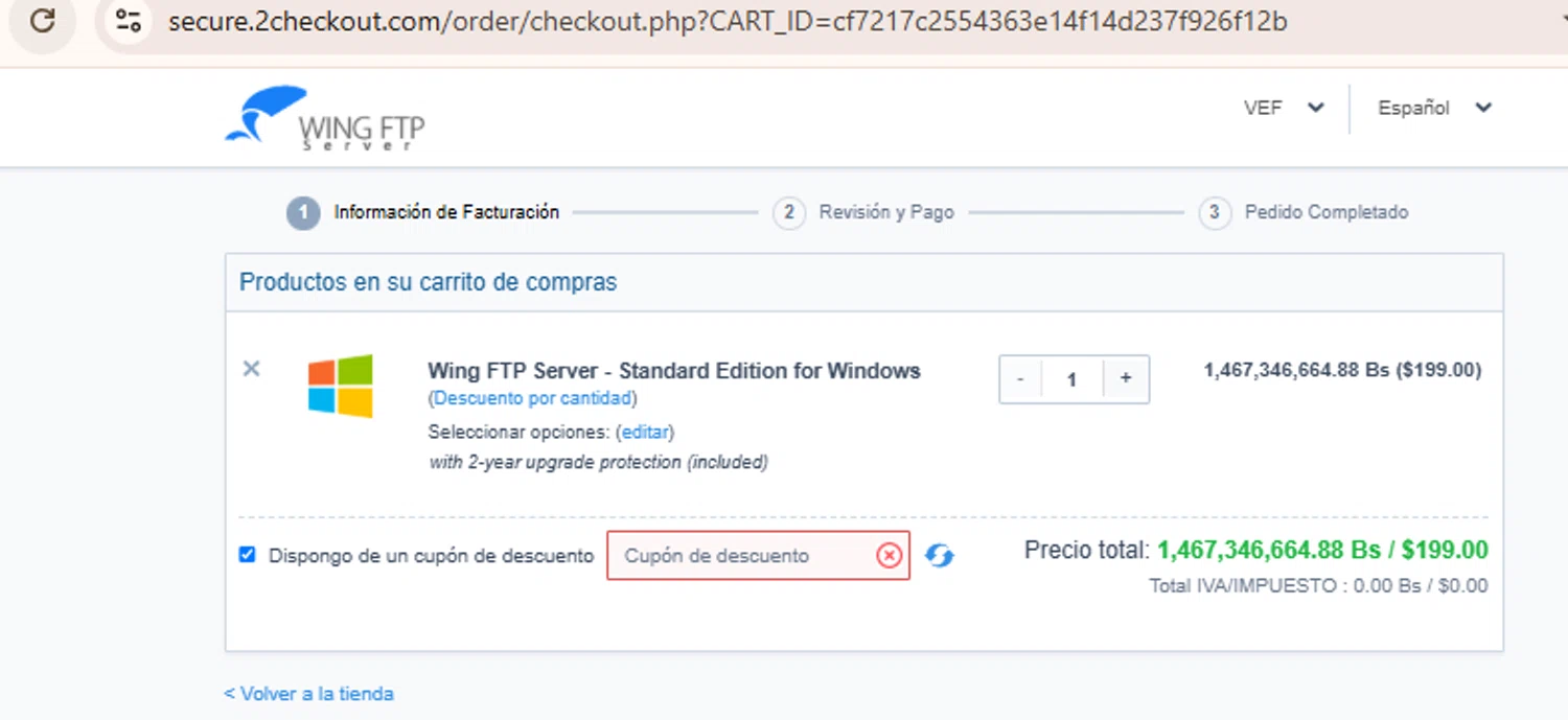Wing FTP Server promo code screenshot showing code GURU10 applied at Wing FTP Server checkout page. Uploaded by SimplyCodes community member BudgetLion5814 on Apr 10, 2025