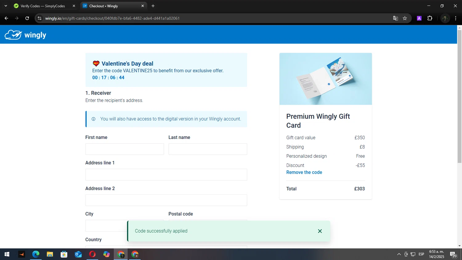 Wingly checkout page showing Wingly discount code box | Screenshot taken by SimplyCodes community member on Feb 14, 2025