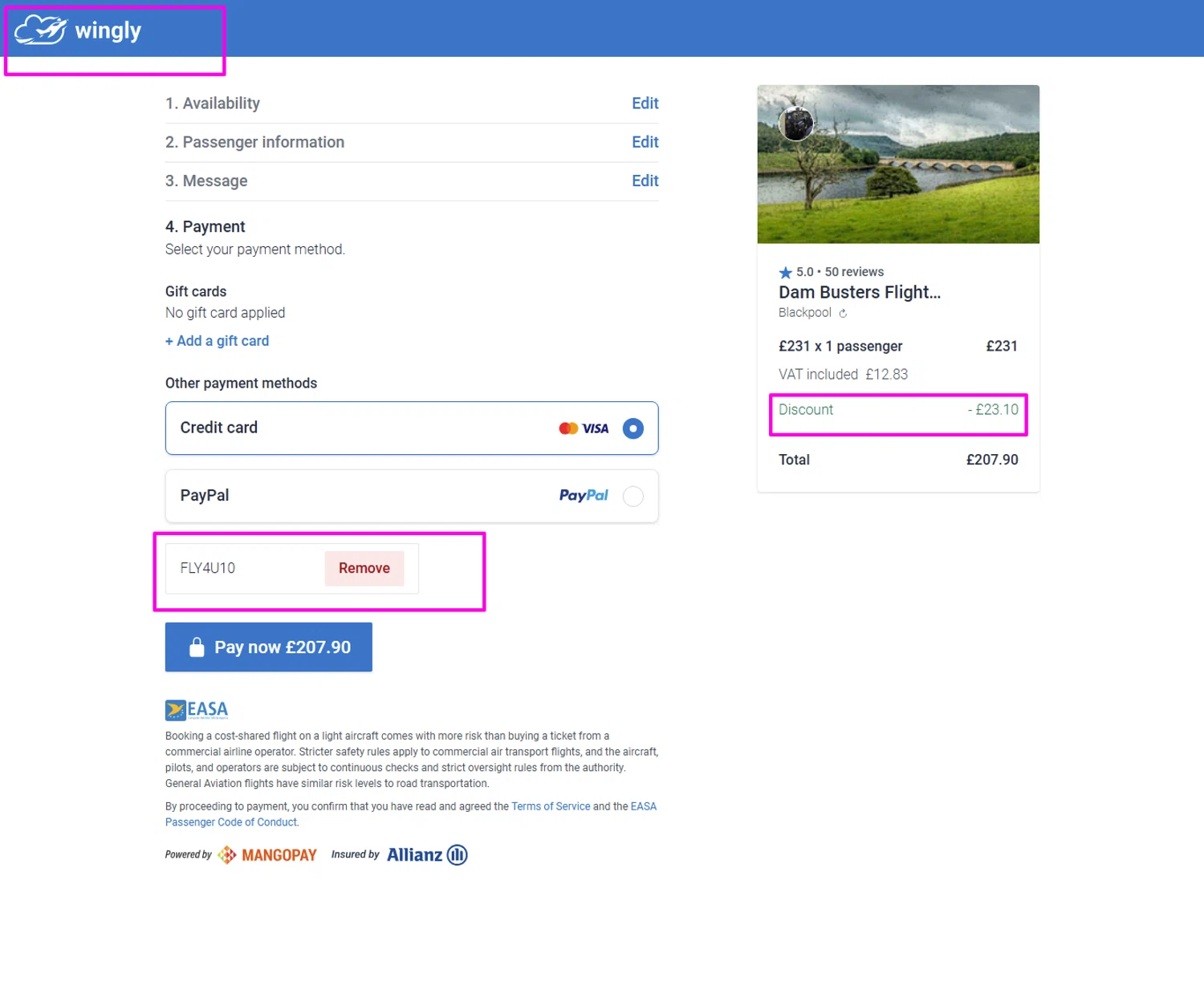 Wingly discount code screenshot showing code FLY4U10 applied at Wingly checkout page. Uploaded by SimplyCodes community member mrdarcy on Aug 4, 2025