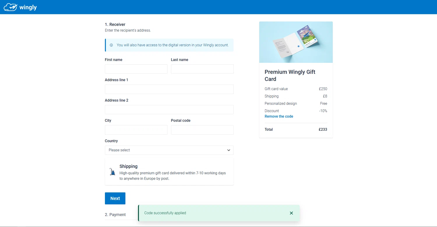 Wingly discount code screenshot showing code FLY10 applied at Wingly checkout page. Uploaded by SimplyCodes community member vctr7w7x on Nov 3, 2025