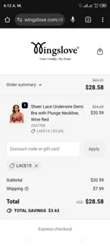 lace15 coupon verification screenshot
