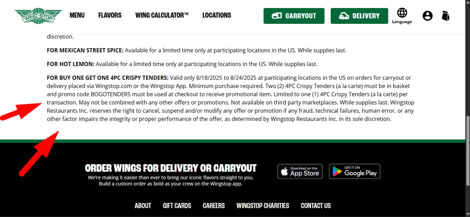Wingstop promo code screenshot showing code BOGOTENDERS applied at Wingstop checkout page. Uploaded by SimplyCodes community member _____________________________ on Aug 28, 2025
