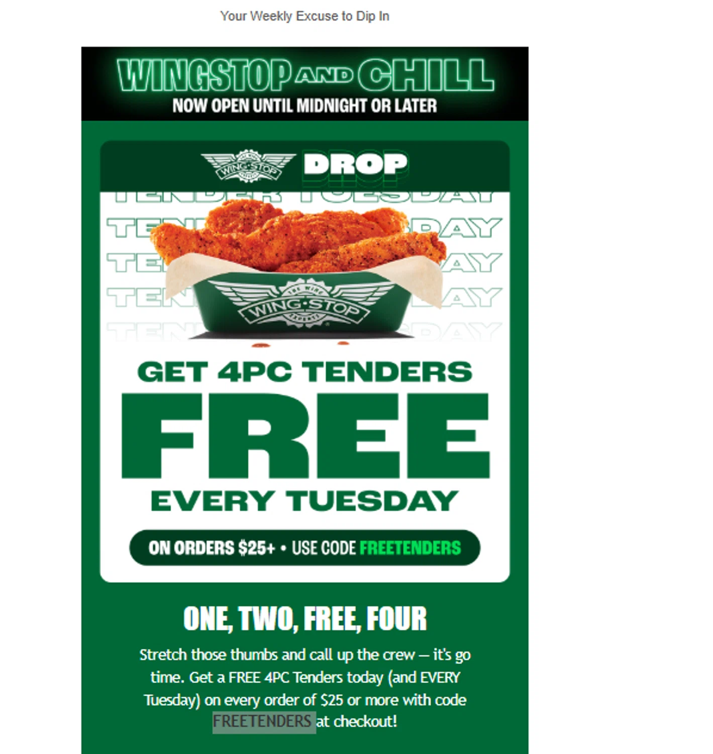 Wingstop promo code screenshot showing code FREETENDERS applied at Wingstop checkout page. Uploaded by SimplyCodes community member ______ on Aug 26, 2025