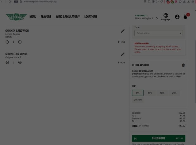 Wingstop checkout page showing Wingstop promo code box | Screenshot taken by SimplyCodes community member on Aug 19, 2025