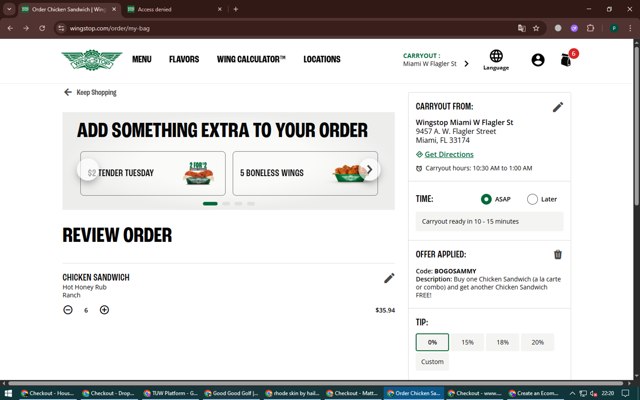 Wingstop checkout page showing Wingstop promo code box | Screenshot taken by SimplyCodes community member on Aug 13, 2025