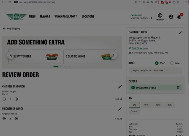 Wingstop checkout page showing Wingstop promo code box | Screenshot taken by SimplyCodes community member on Aug 13, 2025