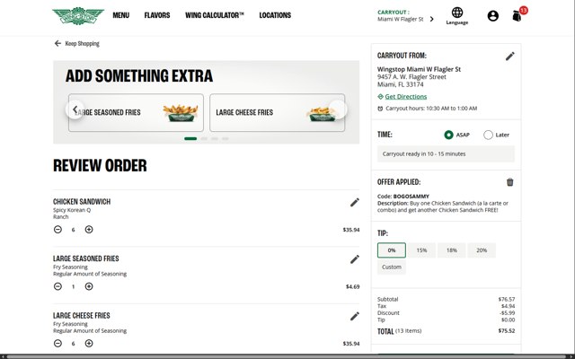 Wingstop checkout page showing Wingstop promo code box | Screenshot taken by SimplyCodes community member on Aug 15, 2025