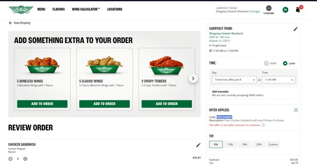 Wingstop checkout page showing Wingstop promo code box | Screenshot taken by SimplyCodes community member on Jan 7, 2025