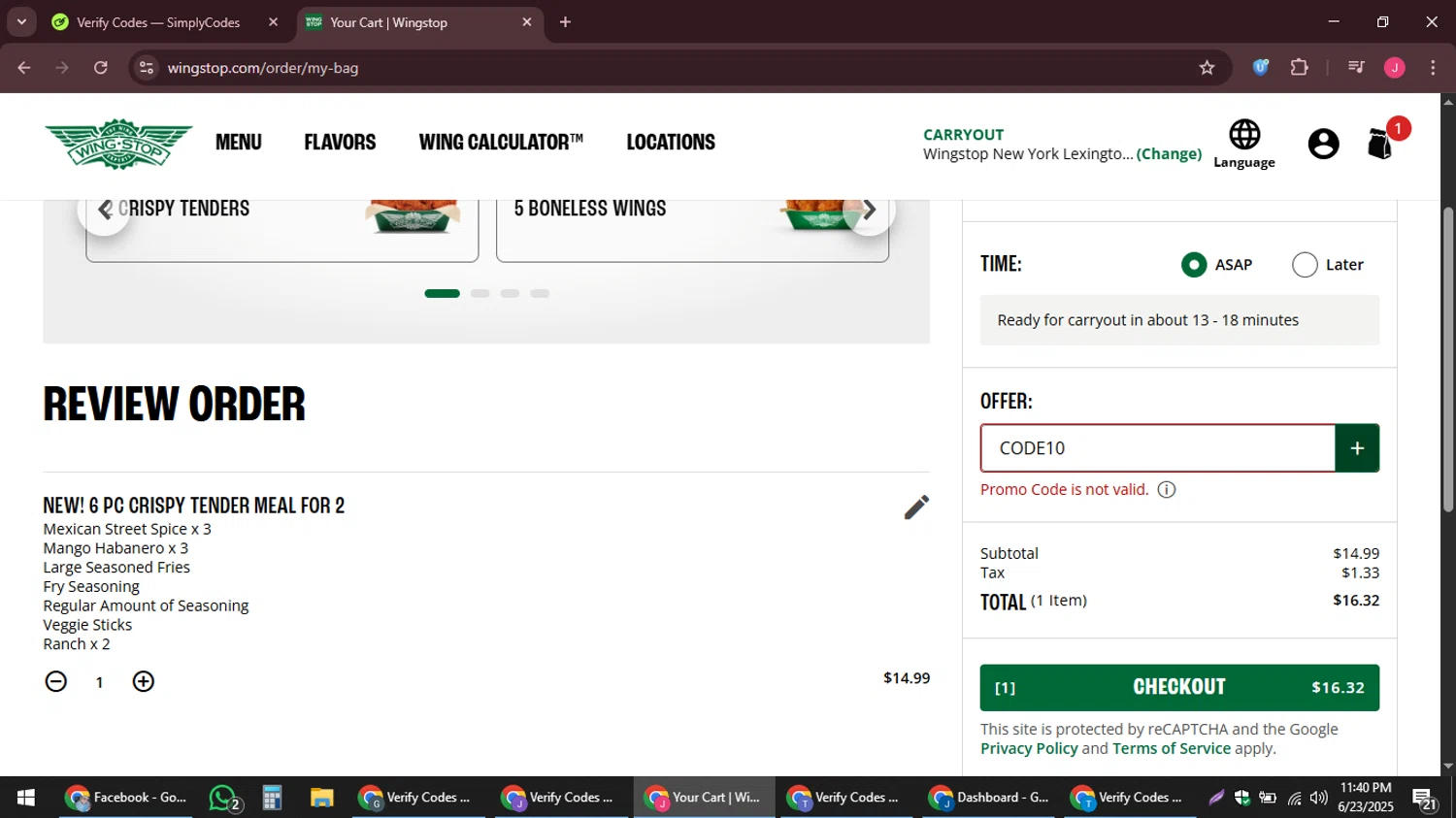Wingstop promo code screenshot showing code CODE10 applied at Wingstop checkout page. Uploaded by SimplyCodes community member JackWilson63 on Jun 24, 2025