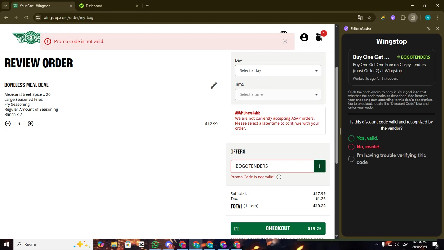 Wingstop promo code screenshot showing code BOGOTENDERS applied at Wingstop checkout page. Uploaded by SimplyCodes community member Blackmesa on Aug 26, 2025