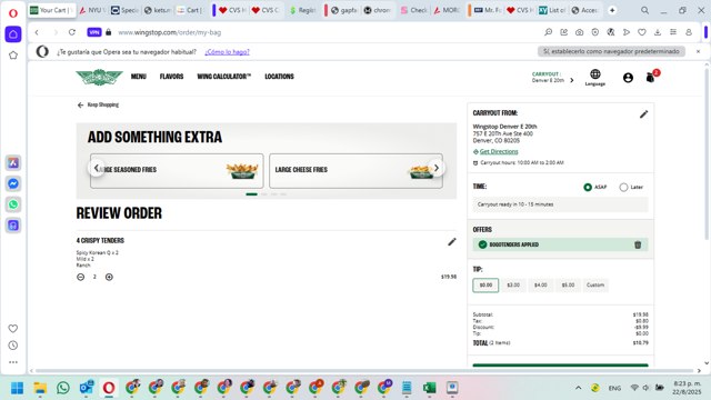 Wingstop checkout page showing Wingstop promo code box | Screenshot taken by SimplyCodes community member on Aug 23, 2025