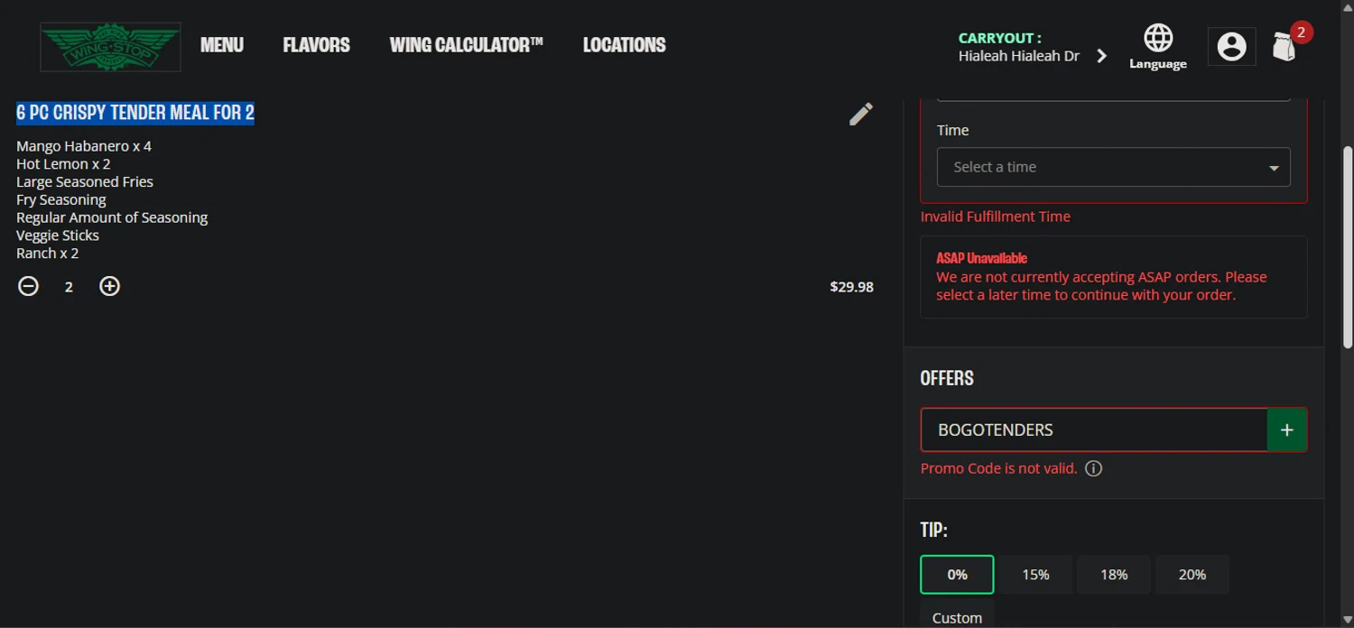 Wingstop promo code screenshot showing code BOGOTENDERS applied at Wingstop checkout page. Uploaded by SimplyCodes community member Nicoletorres on Aug 26, 2025