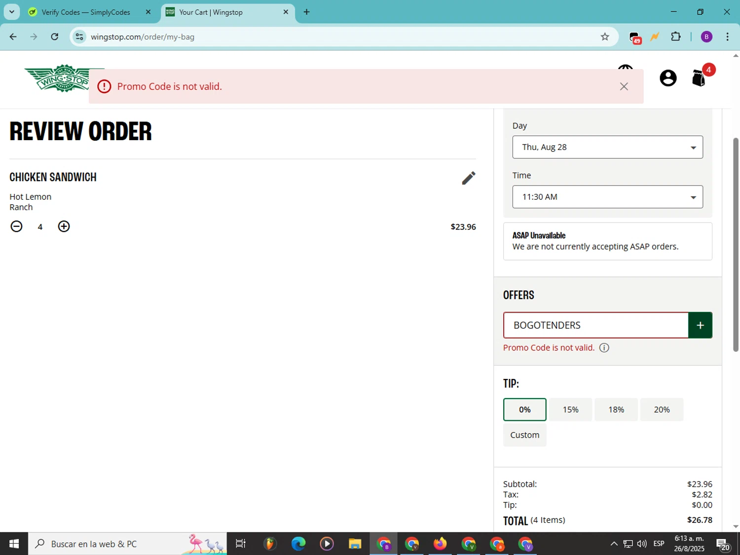 Wingstop promo code screenshot showing code BOGOTENDERS applied at Wingstop checkout page. Uploaded by SimplyCodes community member Soyvictor on Aug 26, 2025