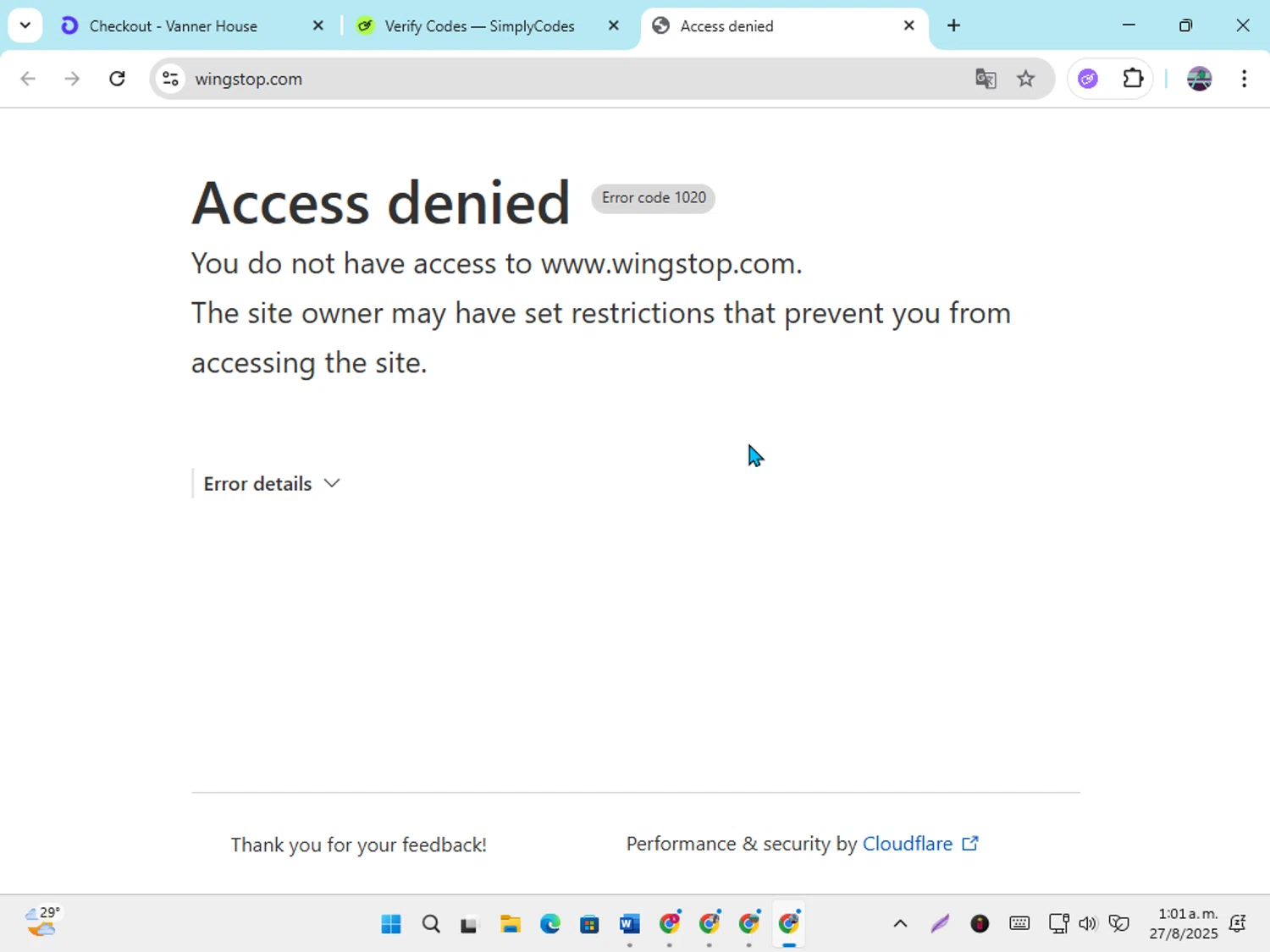 Wingstop promo code screenshot showing code FREETENDERS applied at Wingstop checkout page. Uploaded by SimplyCodes community member DiscountGenius6081 on Aug 27, 2025