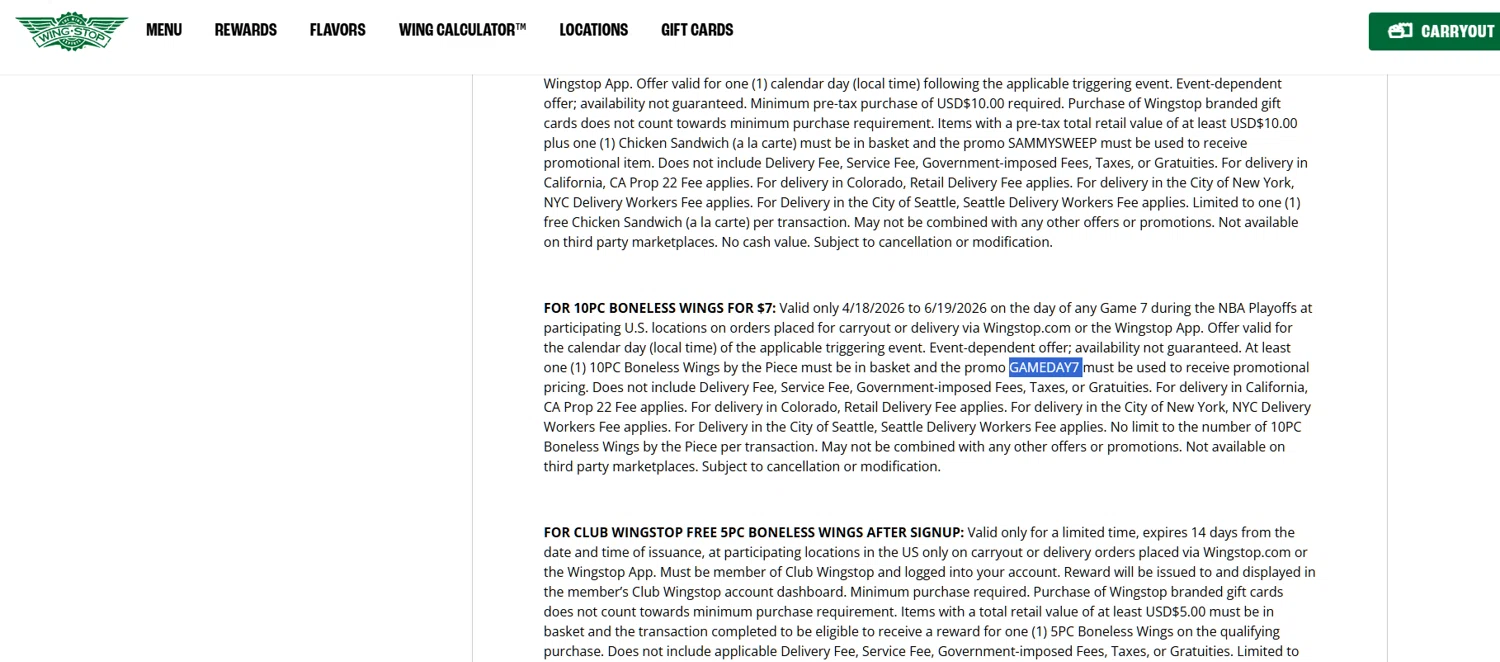 Wingstop promo code screenshot showing code GAMEDAY7 applied at Wingstop checkout page. Uploaded by SimplyCodes community member Dejadepicharme on Jun 8, 2026